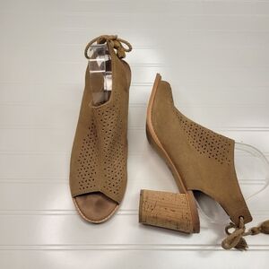 TOMS Tan Suede Leather Open Toe Sandals Heels Size 11